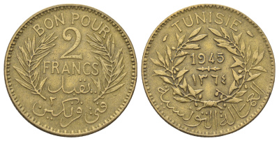 Тунис 2 франка 1945 KM 248 алюминиевая бронза 65-815