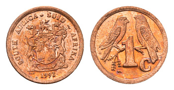 ЮАР 1 цент 1992 герб, капские воробьи KM 132 сталь плакированная медью UNC 4694-114