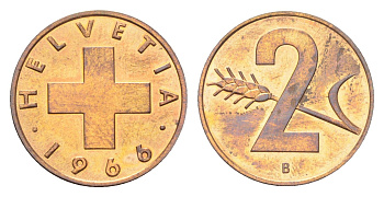 Швейцария 2 раппена 1966 B KM 47 бронза UNC 4705-1212