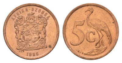 ЮАР 5 центов 1996 герб, райский журавль KM 160 сталь плакированная медью UNC 4687-214