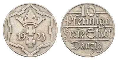 Данциг 10 пфеннигов 1923 год-тип KM 143 медно-никель 4160-1048