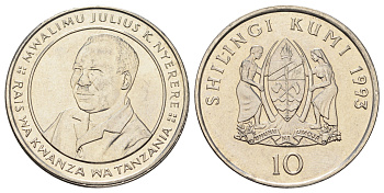 Танзания 10 шиллингов 1993 KM 20a сталь плакированная никелем UNC 51-1442