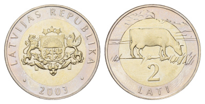Латвия 2 лата 2003 корова KM 38 биметалл BU 4678-334