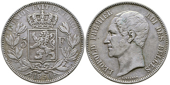 Бельгия 5 франков 1850 Леопольд I (1831-1865) KM 17 серебро 1067-3-51