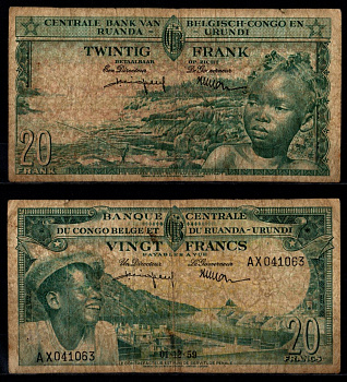 Бельгийское Конго 20 франков 1959 Pick 31 бумага 8602-30-2-2