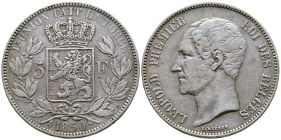 Бельгия 5 франков 1850 Леопольд I (1831-1865) KM 17 серебро 1067-3-51