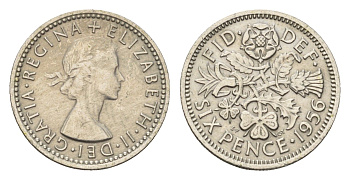 Великобритания 6 пенсов 1956 Елизавета II (1952-2022) KM 903, Spink 4149 медно-никель 100-533