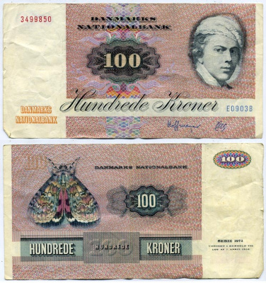 Дания 100 крон 1990 Йенс Юль, бабочка, Thomasen, Herly. Prefix E0 Pick 51 t бумага 7219-34-1-2