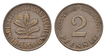 ФРГ 2 пфеннига 1959 D KM 106, J. 381 бронза 4528-341