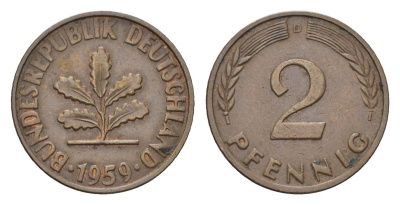 ФРГ 2 пфеннига 1959 D KM 106, J. 381 бронза 4528-341