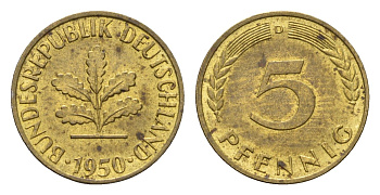 ФРГ 5 пфеннигов 1950 D KM 107, J. 382 сталь плакированная латунью aUNC 214-113