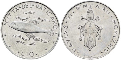 ВАТИКАН 10 ЛИР 1974 ГОД XII, ПАВЕЛ VI (1963-1978), РЫБА KM 119 алюминий 4519-227