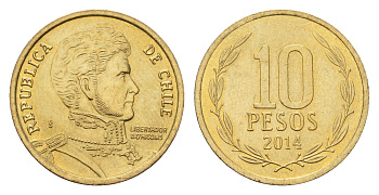 Чили 10 песо 2014 KM 228 никель латунь UNC 4674-842