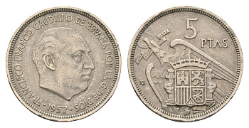 Испания 5 песет 1957 (74) Франсиско Франко (1939 - 1975) KM 786 медно-никель 4633-914
