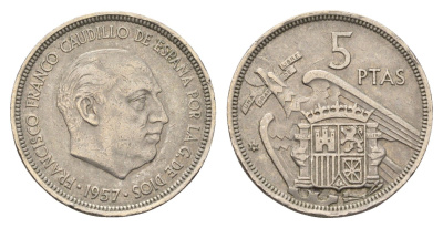 Испания 5 песет 1957 (74) Франсиско Франко (1939 - 1975) KM 786 медно-никель 4633-914