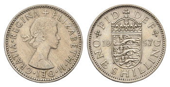 Великобритания 1 шиллинг 1957 Елизавета II (1952-2022), Английский герб KM 904, Spink 4147 медно-никель 4182-1034