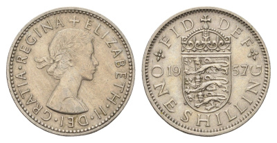 Великобритания 1 шиллинг 1957 Елизавета II (1952-2022), Английский герб KM 904, Spink 4147 медно-никель 4182-1034
