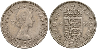 Великобритания 1 шиллинг 1959 Елизавета II (1952-2022), Английский герб KM 904, Spink 4147 медно-никель 202-855