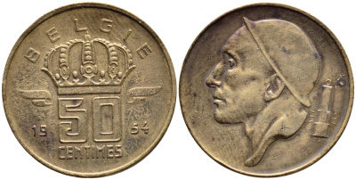 БЕЛЬГИЯ 50 САНТИМОВ 1954 BELGIE KM 145 бронза 4392-764