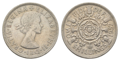 Великобритания 2 шиллинга (флорин) 1957 Елизавета II (1952-2022) KM 906, Spink 4146 медно-никель 4663-313