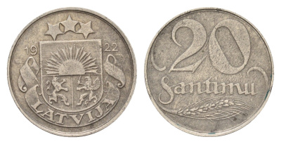 Латвия 20 сантимов 1922 год-тип KM 5 никель 4685-1141