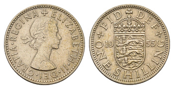 Великобритания 1 шиллинг 1955 Елизавета II (1952-2022), Английский герб KM 904, Spink 4147 медно-никель 4182-1015
