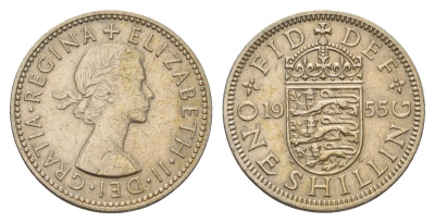 Великобритания 1 шиллинг 1955 Елизавета II (1952-2022), Английский герб KM 904, Spink 4147 медно-никель 4182-1015