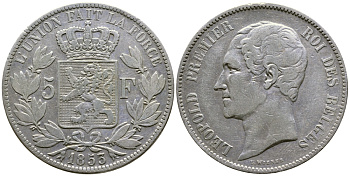 Бельгия 5 франков 1853 Леопольд I (1831-1865) KM 17 серебро 1066-20-41