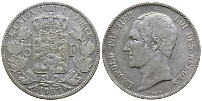 Бельгия 5 франков 1853 Леопольд I (1831-1865) KM 17 серебро 1066-20-41