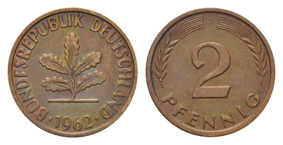 ФРГ 2 пфеннига 1962 J KM 106, J. 381 бронза 4564-221