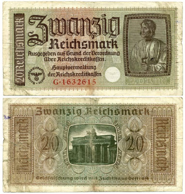 ГЕРМАНИЯ 20 РЕЙХСМАРОК 1940-1945 ДЛЯ ОККУПИРОВАННЫХ ТЕРРИТОРИЙ Pick R139 бумага 3295-67-2