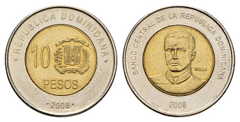Доминиканская Республика (Доминикана) 10 песо 2008 KM 106 биметалл aUNC 4666-912