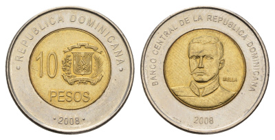 Доминиканская Республика (Доминикана) 10 песо 2008 KM 106 биметалл aUNC 4666-912