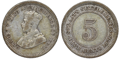 Стрейтс-Сетлментс 5 центов 1926 Георг V (1910-1936) КМ 36 серебро 53-519