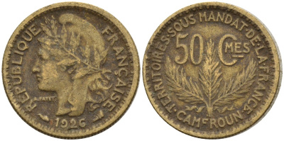 Камерун 50 сантимов 1926 (a), мондвор Париж KM 1 алюминиевая бронза 4169-1213