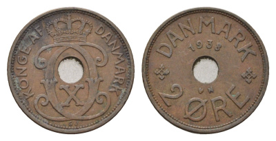 Дания 2 эре 1938 N, Кристиан X (1912-1947) KM 827 бронза 4701-862