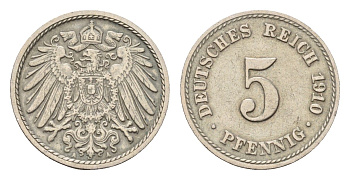 Германия 5 пфеннигов 1910 A, Вильгельм II (1888-1918) KM 11, J. 12 медно-никель 4684-1121