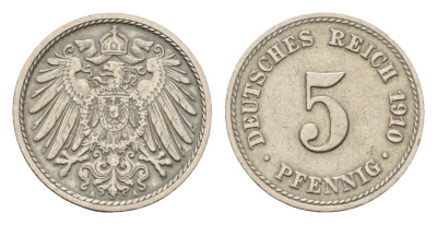 Германия 5 пфеннигов 1910 A, Вильгельм II (1888-1918) KM 11, J. 12 медно-никель 4684-1121