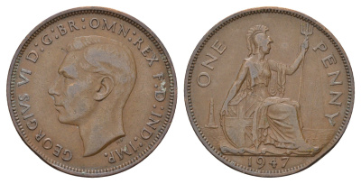 Великобритания 1 пенни 1947 Георг VI (1936-1952) КМ 845, Spink 4114 бронза 4111-921