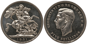 Великобритания 5 шиллингов = 1 крона 1951 Георг VI (1936-1952), фестиваль Британии, Георгий Победоносец KM 880, Spink 4111 медно-никель Prooflike 1078-5-43