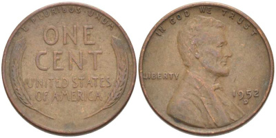 США 1 ЦЕНТ 1952 D, ЛИНКОЛЬН KM А132 медь цинк 3309-817