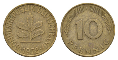 ФРГ 10 пфеннигов 1978 F KM 108, J. 383 сталь плакированная латунью 4684-1211