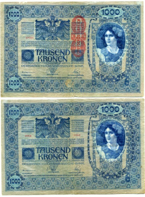 АВСТРИЯ 1000 КРОН 1919 КРАСНАЯ ВЕРТИКАЛЬНАЯ НАДПЕЧАТКА НА 1902 Pick 59 бумага 7146-58-1-2