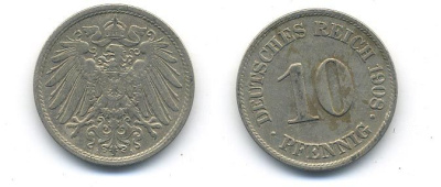 ГЕРМАНИЯ 10 ПФЕННИГОВ 1908 A KM 12, J. 13 медно-никель 58-336
