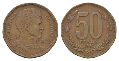 Чили 50 песо 1982 KM 219 алюминиевая бронза 4141-134