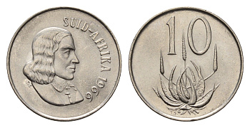 ЮАР 10 центов 1966 Ян ван Рибек (1619-1677), Suid Africa, легенда на африкаанс, цветок алоэ KM 68.2 никель UNC 4690-964