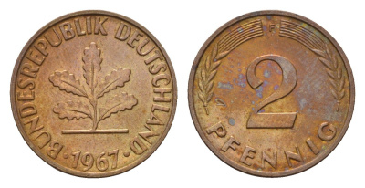 ФРГ 2 пфеннига 1967 F KM 106, J. 381 бронза 3458-717