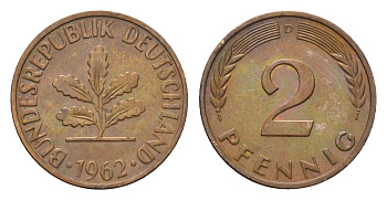 ФРГ 2 пфеннига 1962 D KM 106, J. 381 бронза 4576-1144