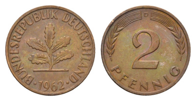 ФРГ 2 пфеннига 1962 D KM 106, J. 381 бронза 4576-1144