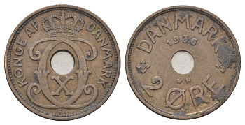 Дания 2 эре 1936 N, Кристиан X (1912-1947) KM 827 бронза 4701-835